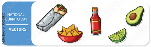 Vibrant National Burrito Day food illustrations with burrito chips salsa