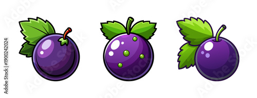 Cartoon style A vector graphic illustration of three purple plums with green leaves on a transparent background