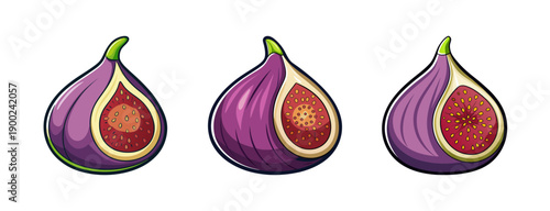 Cartoon style A vector illustration of three purple figs on a transparent background with one cut in half to reveal the interior