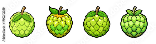 Cartoon style A vector illustration of four green hop cones in a row on a transparent background
