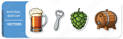 National Beer Day icons with beer mug, bottle opener, hops, and barrel