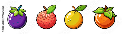 Cartoon style A colorful vector illustration of four juicy fruits including a plum, strawberry, orange, and peach, arranged horizontally on a transparent background with green leaves and stems.