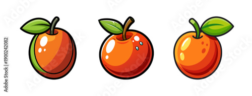 Cartoon style Three cartoon peaches with green leaves on a transparent background in a vector graphic illustration