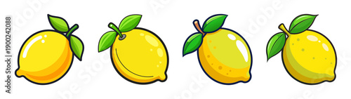 Cartoon style A vector graphic illustration of four yellow lemons with green leaves on a transparent background