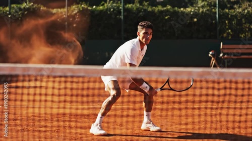 Young male tennis player in white sportswear hitting a powerful forehand on a clay court during a match, with dust kicking up from his dynamic movement as he follows through on his shot