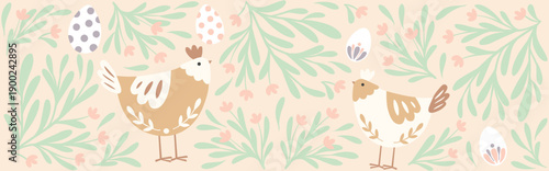 Whimsical Easter Chicken Banner with Pastel Eggs, Spring Foliage and Playful Farm Charm