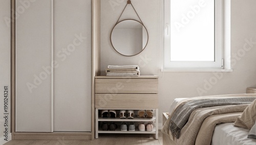 Minimalist bedroom interior with neutral bedding and wood nightstand, calm morning light by window, cozy home styling for real estate staging and wellness mood