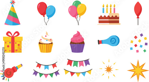 Birthday Party Celebration Icon Set with Balloons, Cake, Cupcakes, Gifts, Confetti, Party Hats, Banners, and Fireworks for Festive Event Designs