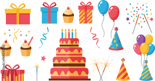 Birthday Celebration Icon Set with Cake, Gifts, Balloons, Cupcakes, Party Hats, Confetti, Sparklers, and Colorful Festive Decorations