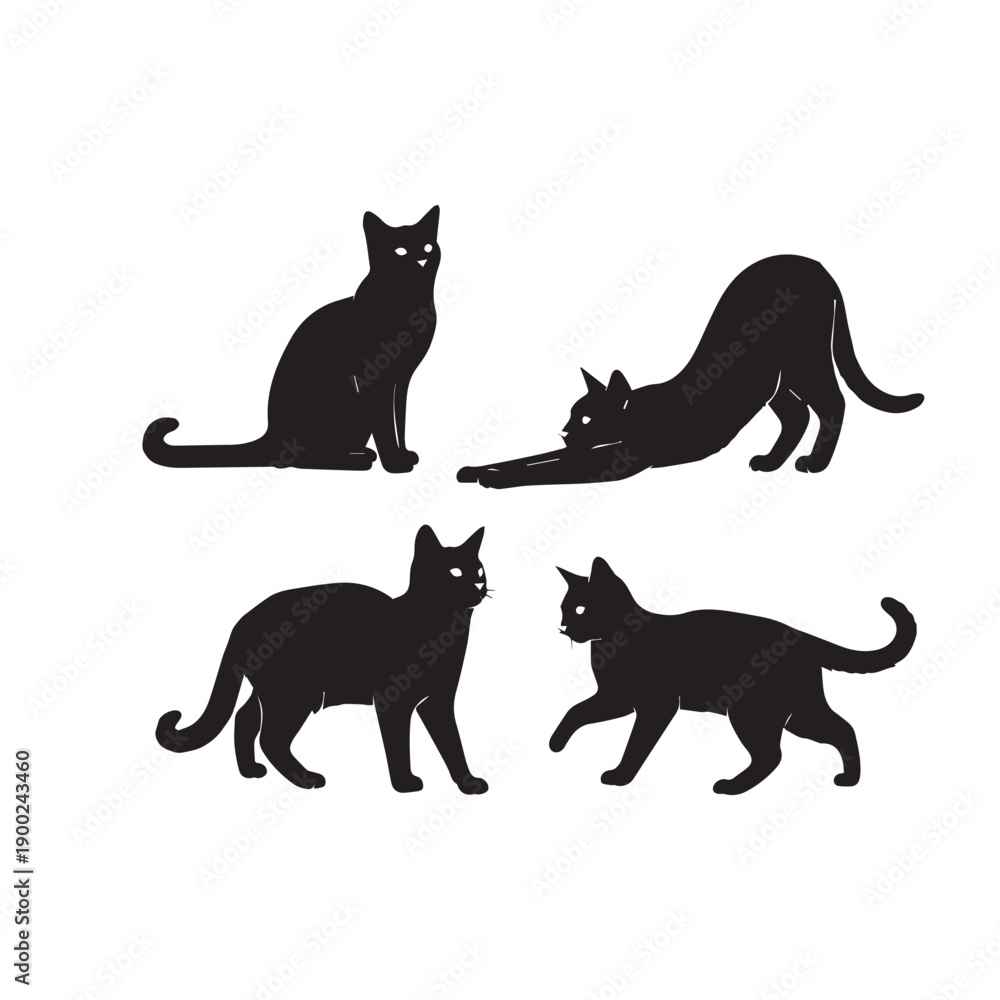 Obraz premium Cat Poses Silhouette Vector Set Cat Black and White Silhouette Illustration Cat Poses Animal Silhouette Icon Set