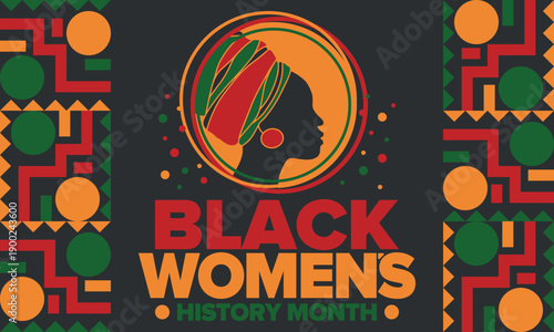 Black Women's History Month annual celebrated in April. International holiday in honor of the achievements of black women with roots in Africa of the past, future and present. Black woman silhouette