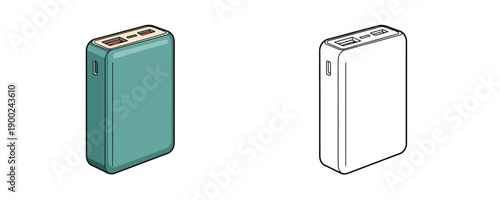 Modern portable power bank in cartoon vector style featuring teal and white versions with dual USB ports and side charging slot for mobile device energy storage