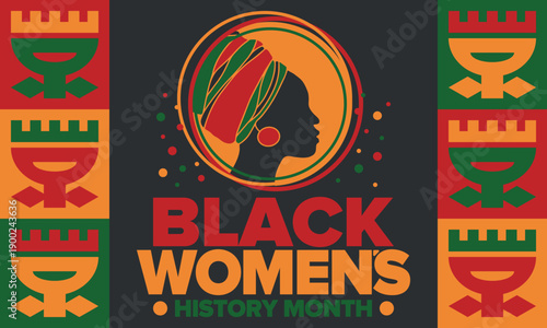 Black Women's History Month annual celebrated in April. International holiday in honor of the achievements of black women with roots in Africa of the past, future and present. Black woman silhouette