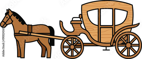 Wooden horse-drawn carriage with brown horse and black wheels on white background Keywords: carriage