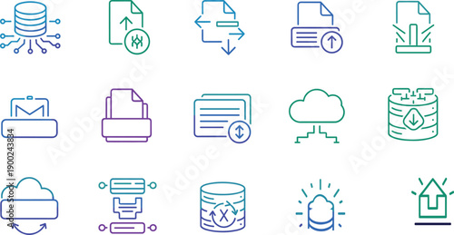 Cloud Data and File Management Icon Set with Database Storage, Upload Download, Email, Backup, Synchronization, Security, and Digital Infrastructure Concepts