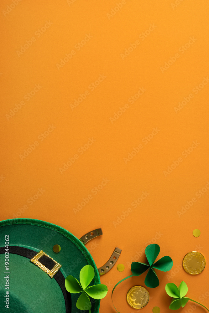 Fototapeta premium Bright orange background with a green hat, shamrocks and gold coins evokes a festive St Patrick's Day mood and warm greeting for holiday celebration and luck wishes