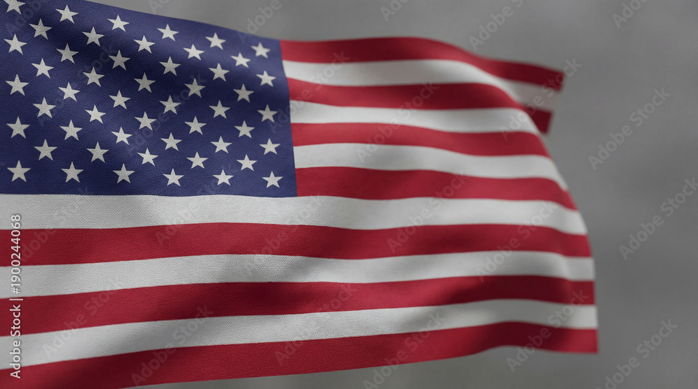 Obraz premium Majestic American flag gracefully unfurls its vibrant red, white, and blue fabric, stars shimmering, stripes flowing against a soft, cloudy grey sky
