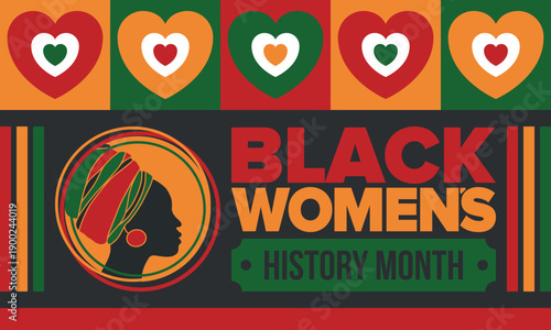 Black Women's History Month annual celebrated in April. International holiday in honor of the achievements of black women with roots in Africa of the past, future and present. Black woman silhouette