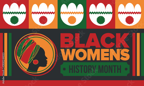 Black Women's History Month annual celebrated in April. International holiday in honor of the achievements of black women with roots in Africa of the past, future and present. Black woman silhouette