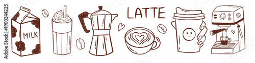 Vector latte coffee set with milk carton, whipped cream drink, moka pot, latte art cup, takeaway coffee,espresso machine doodles in brown on white background. Illustration for cafe menu, social media.