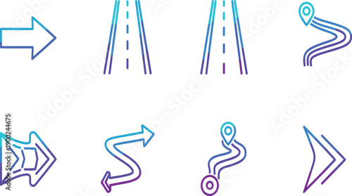 Navigation and Route Direction Icon Set with Arrows, Roads, Location Paths, Wayfinding Symbols, and Travel Guidance Elements for Maps and Interfaces