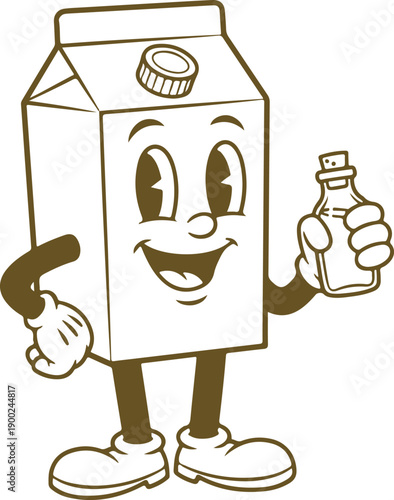 Happy milk carton character holding a small bottle cartoon illustration vector