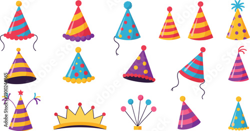 Party Hat and Celebration Icon Set with Colorful Birthday Caps, Crowns, Balloons, Festive Accessories, and Fun Event Decorations