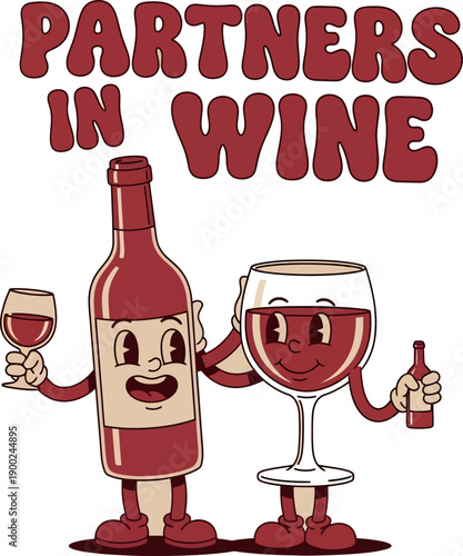 Partners in wine vintage cartoon bottle and glass characters with funny pun art
