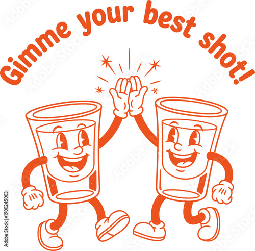 Two joyful shot glass characters giving high five with gimme your best shot text
