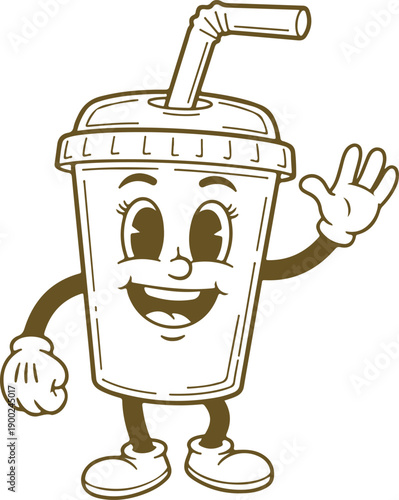 Vintage rubber hose style soda cup character waving hand with happy expression