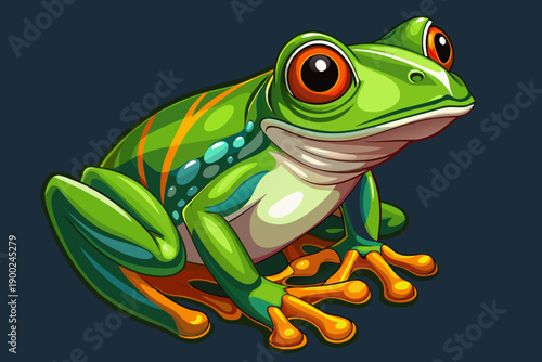 Green tree frog in natural sitting position with vivid colors and detailed skin texture isolated on dark background wildlife photo.