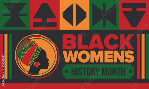Black Women's History Month annual celebrated in April. International holiday in honor of the achievements of black women with roots in Africa of the past, future and present. Black woman silhouette