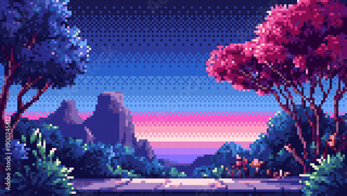 Pixel art game landscape at sunset with two colorful trees and mountains. Retro video game background with vibrant nature scene.