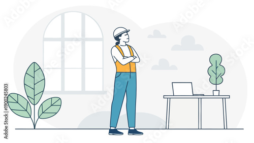 Person in Overalls with Arms Crossed in an Office Setting with a Laptop and Plants, representing a skilled worker, technician, or professional in a modern workspace.