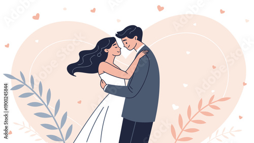 Newlywed couple in a tender embrace, celebrating their marriage, depicted with soft hearts and foliage in a romantic scene.