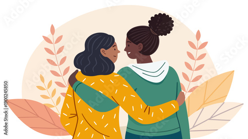 Two women embracing from behind, looking forward with smiles, symbolizing friendship, support, and shared future, in a gentle style.