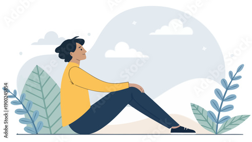 Man sitting peacefully outdoors, looking up with a content smile, enjoying a moment of relaxation and mindfulness.