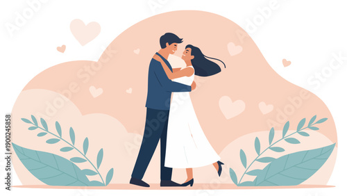 Joyful couple dancing romantically, man and woman in formal attire, celebrating love and togetherness under a dreamy sky.