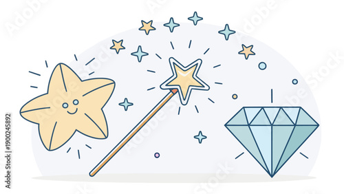 Charming doodle illustration featuring a happy star character, a magic wand, and a sparkling diamond, representing magic, wishes, and dreams.