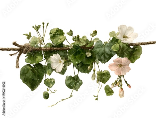 Delicate white and pink flowers with green leaves cascade down a rustic rope in a charming watercolor illustration on a white background.