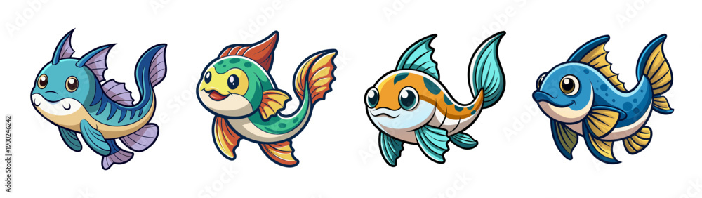 Obraz premium Cartoon style A set of four colorful cartoon fish swimming in different directions on a transparent background