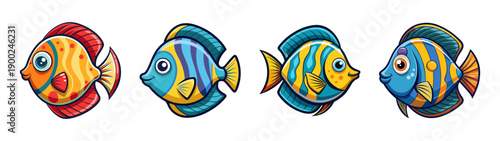 Cartoon style A colorful vector illustration of four fish swimming in a row against a transparent background with a white space below them.