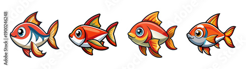 Cartoon style A vector graphic illustration of four colorful goldfish swimming in a horizontal line on a transparent background