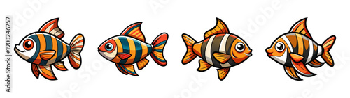 Cartoon style A vector illustration of four colorful fish swimming in a row on a transparent background with a white space below them