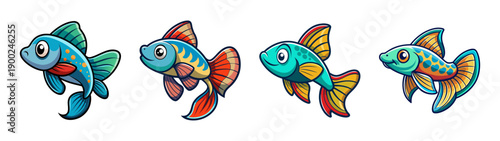 Cartoon style A colorful illustration of four cartoon fish with vibrant fins and tails on a transparent background