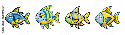 Cartoon style Four colorful fish swim in a horizontal line on a transparent background in a vibrant vector graphic illustration