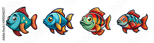 Cartoon style A colorful illustration of four cartoon fish swimming in a row on a transparent background