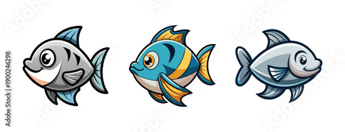Cartoon style Three colorful cartoon fish swimming in a horizontal line on a solid transparent background in a vector graphic illustration
