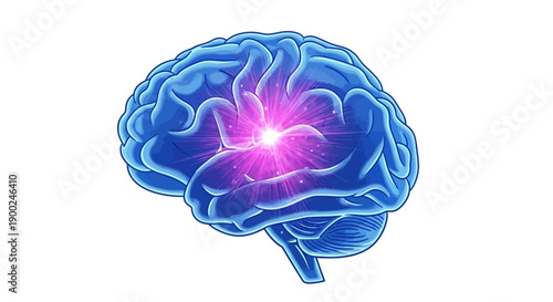 Blue human brain vector with glowing purple light, neural activity, thought process, intelligence, isolated on white