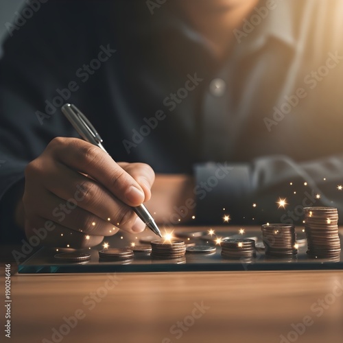Person counting coins with a pen on a wooden table